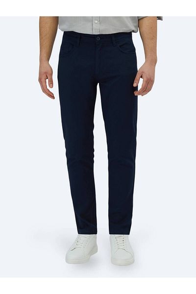 Kip Navy Blue Plain Woven Slim Fit Casual Cotton Blended Trousers