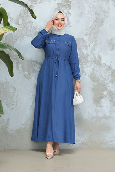Neva Style Indigo Blue Buttoned Hijab Dress 17131Im
