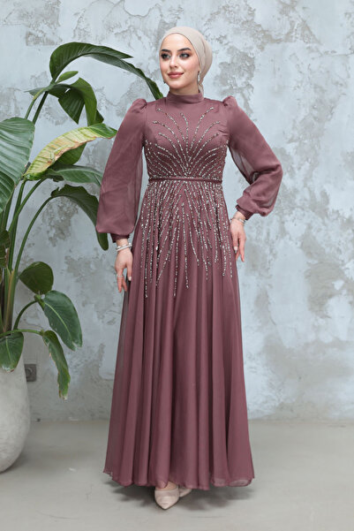 Neva Style Beaded Brown Hijab Evening Dress 4953Kh