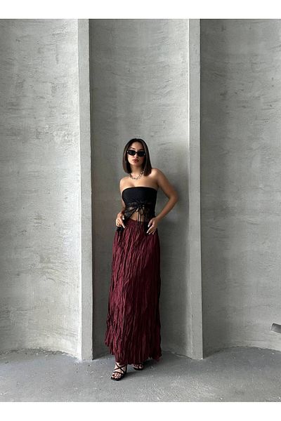 İLKCET MODA Fusta de damă în roșu Claret cu cravată
