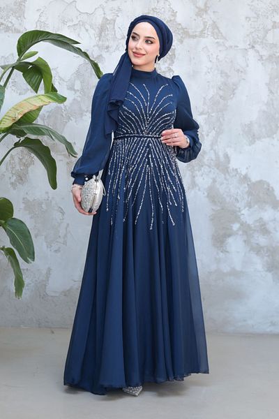 Neva Style Hijab Evening Dress - Beaded Navy Blue Hijab Evening Dress 4953L