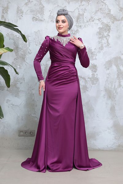 Neva Style Bead Embroidered Plum Hijab Satin Evening Dress 51312Mu