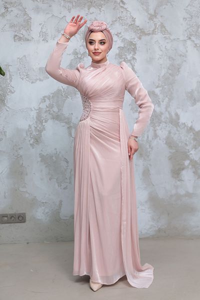 Neva Style Drape Detailed Powder Hijab Evening Dress 51481Pd