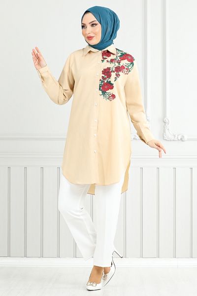 ModaMerve Floral Printed Tunic 405Evo1065-M Beige