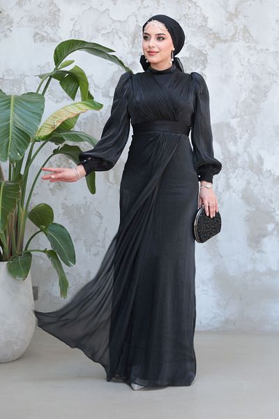Neva Style Drape Detailed Black Hijab Evening Dress 50921S
