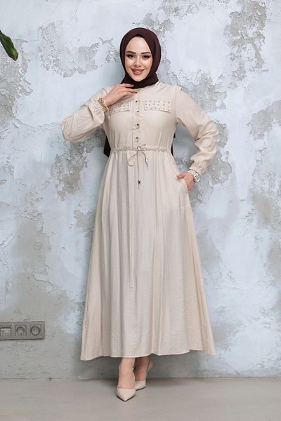 Neva Style Beige Hijab Dress - Buttoned 17131Bej