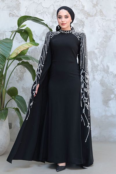 Neva Style Hijab Evening Dress - Black Hijab Evening Dress with Cape Sleeves 51681S
