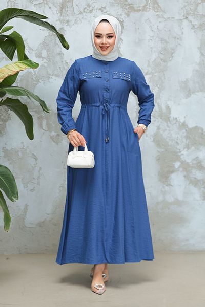 Neva Style Indigo Blue Buttoned Hijab Dress 17131Im