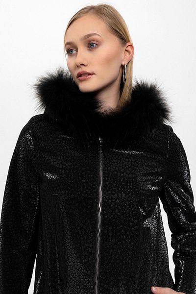 Deriderim Black Casper Printed Hooded Women's Genuine Leather Coat
