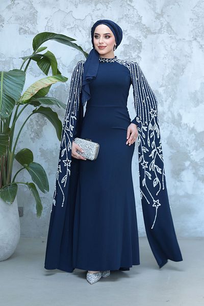 Neva Style Hijab Evening Dress - Navy Blue Hijab Evening Dress with Cape Sleeves 51681L