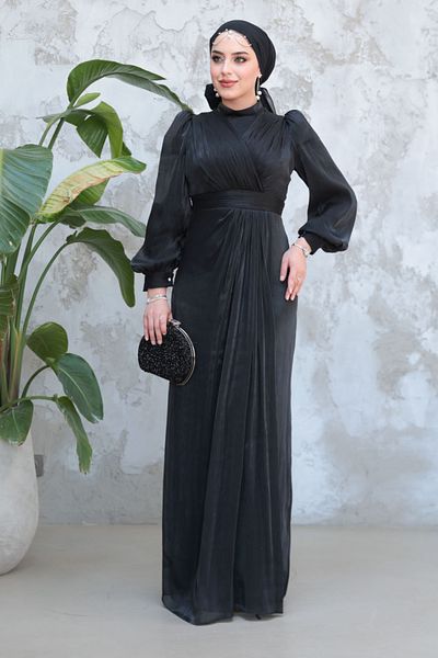Neva Style Drape Detailed Black Hijab Evening Dress 50921S