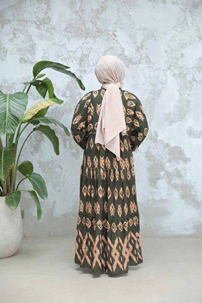 Neva Style Patterned Khaki Hijab Dress - 30052Hk
