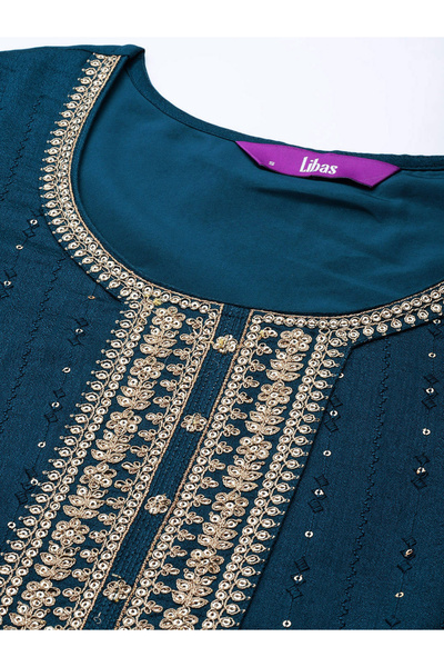 Libas By Styli Silk Embroidered Kurta and Solid Trousers with Embroidered Dupatta Set