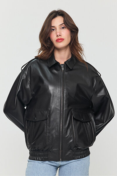 nero leather fur Siyah Kadın Pilot Deri Mont