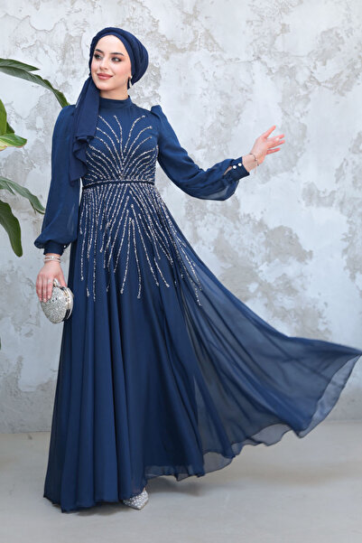 Neva Style Beaded Navy Blue Hijab Evening Dress 4953L