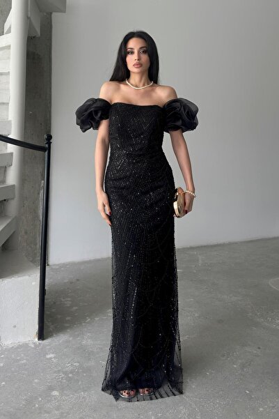 Serica Moda Rochie de seară fără bretele brodate cu paiete cu mâneci cu balon...