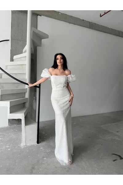 Serica Moda White Balloon Sleeve Detailed Sequin Embroidered Strapless Evening Dress