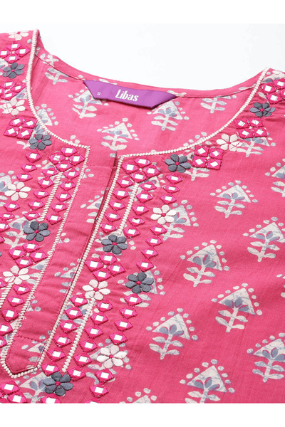 Libas By Styli Embroidered Straight Fit Kurta and Printed Trousers with Dupatta Set