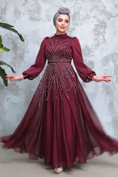 Neva Style Hijab Evening Dress - Beaded Cherry Hijab Evening Dress 4953Vsn