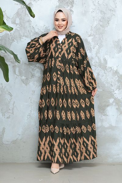 Neva Style Patterned Khaki Hijab Dress - 30052Hk