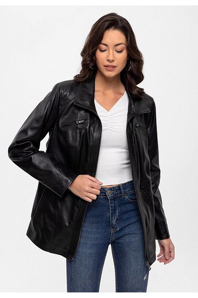 Deriderim Black Mira Zippered Shirt Collar Wide Cut Lined Women's Genuine Leather Coat