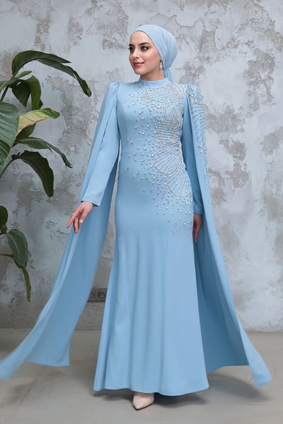 Neva Style Hijab Evening Dress - Baby Blue Hijab Evening Dress with Cape Sleeves 51671Bm