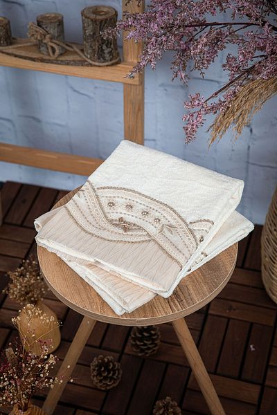FAVORA Βαμβακερό φιόγκο Guipure Προίκα 2 Πετσέτες 50x90 - Mink