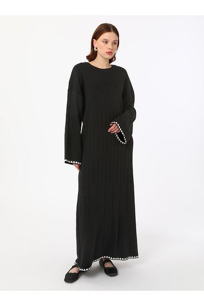Benin Openwork Detailed Knitwear Hijab Dress - Black - Benin