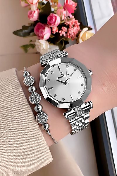 Daniel Klein Cutout Glass Waterproof Rhinestone Women Wristwatch Silver Color Steel Band Gift Bracelet Gdkb2010C4