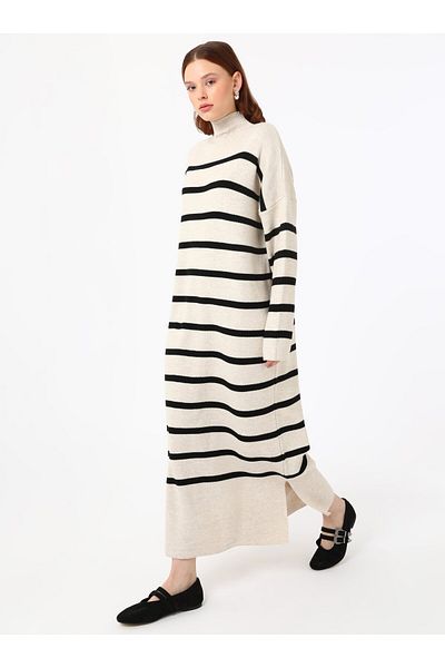 Benin Stripe Detailed Turtleneck Knitwear Hijab Dress - Stone - Benin