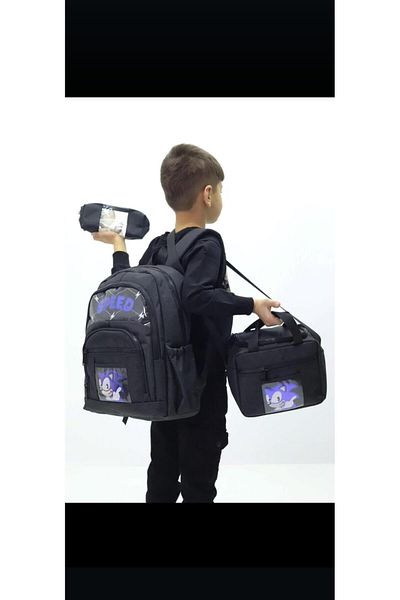 Probag Set de 3 genți de școală cu tematică Sonic pentru băieți - rucsac, cutie termică pentru prânz, suport pentru stilou