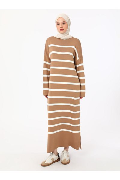Benin Striped Report High Neck Knitwear Hijab Dress - Camel - Benin