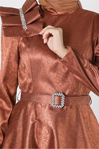 Alvina SHOULDER DETAIL STONE SILVERY LACE EVENING DRESS 50395