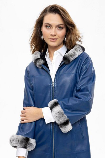 Deriderim Blue Hillary Wide Cut Inside Fabric Double-sided Hood and Sleeve Furry Women's Genuine Leather Coat