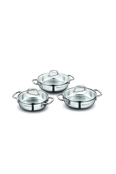 KORKMAZ Perla Omelette Stainless Steel Cookware Set With Glass Lid. 6 Pieces. Capacity 16 CM / 18 CM / 20 CM