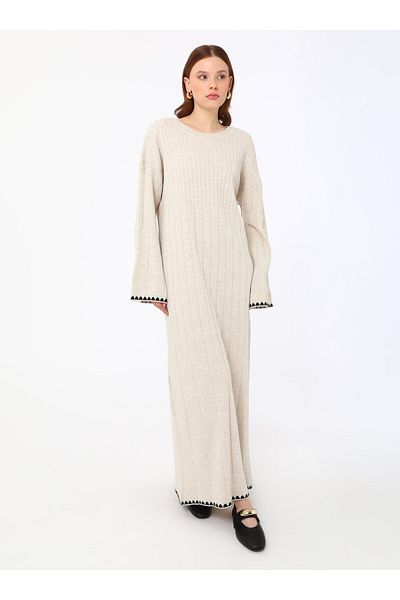 Benin Openwork Detailed Knitwear Hijab Dress - Stone Color - Benin