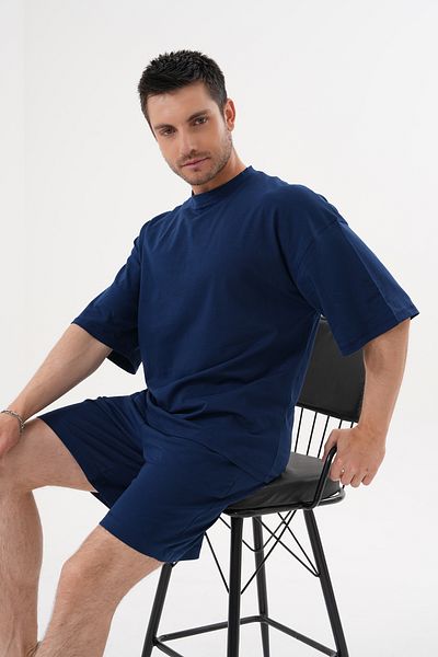 ACTIVE MODA - قميص بأكمام قصيرة بأكمام قصيرة أزرق كحلي للرجال - طقم شورت قطن كبير الحجم من قطعتين