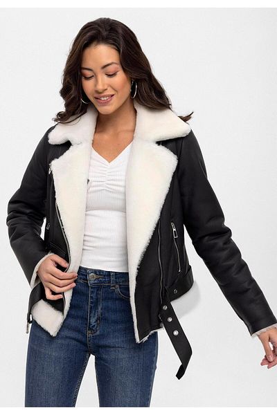 Deriderim Black Alissa White Furry Inside Zippered Waist Belt Slim Fit Biker Biker Women's Genuine Fur Coat