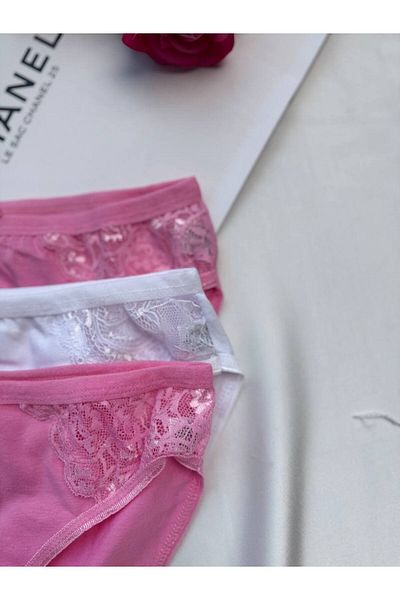 Tutku طقم بيكيني فيروزي مكون من 3 سراويل داخلية بتفاصيل دانتيل على شكل فيونكة - وردي/أبيض