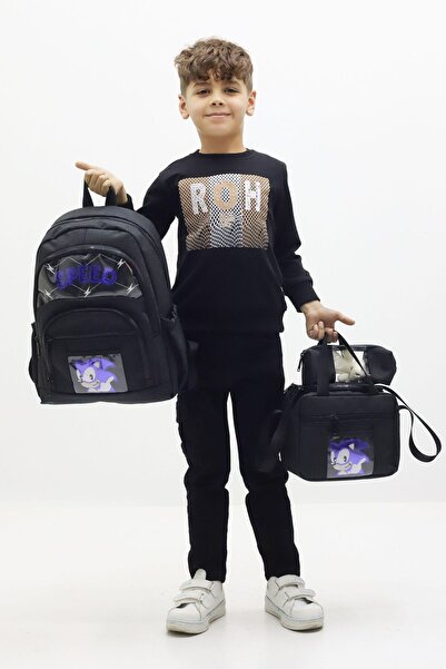Probag Boy's Sonic Themed 3-Piece School Bag Set - Backpack Thermal Lunchbox Pen Holder