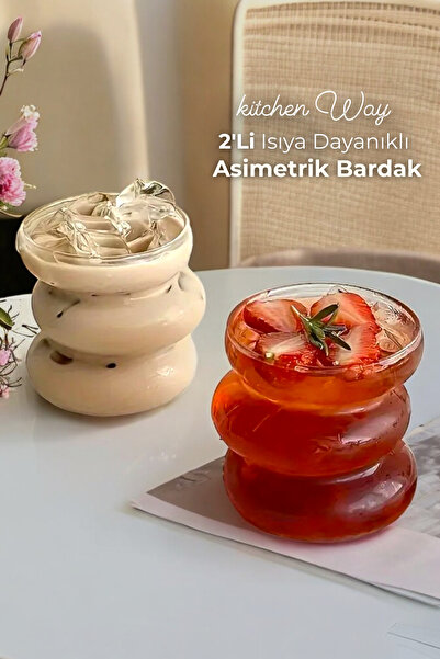 Kitchen Way Isıya Dayanıklı Asimetrik Şerit Stil 2Li Bardak 500ML Kahve Sunum...