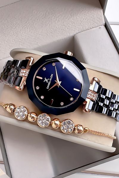 Daniel Klein Cutting Glass Waterproof Rhinestone Women Wristwatch Navy Blue Color Steel Band Gift Bracelet Gdkb2010C5