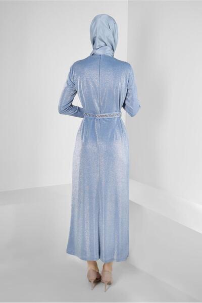 Alvina KOLU VE BELİ TAŞ BASKILI SİMLİ ABİYE ELBİSE 50325