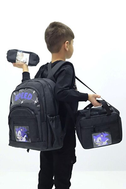 Probag Boy's Sonic Themed 3-Piece School Bag Set - Backpack Thermal Lunchbox Pen Holder