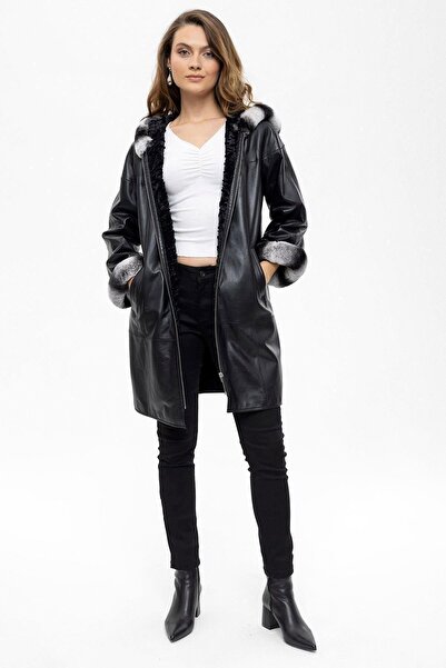 Deriderim Black Hillary Wide Cut Fabric Double Sided Hood and Sleeve Furry Women's Genuine Leather Coat