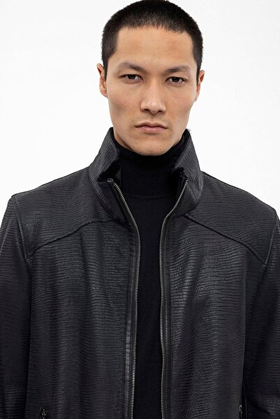 Deriderim Jo Black Furry Inside Zippered Warm Crocodile Print Men's Coat