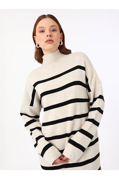 Benin Stripe Detailed Turtleneck Knitwear Hijab Dress - Stone - Benin