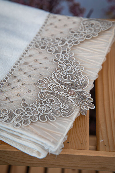 FAVORA 100% Cotton Pearl Laced Dowry Set of 2 Towels 50X90 - Mink