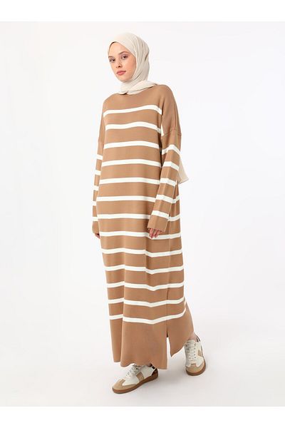 Benin Striped Report High Neck Knitwear Hijab Dress - Camel - Benin