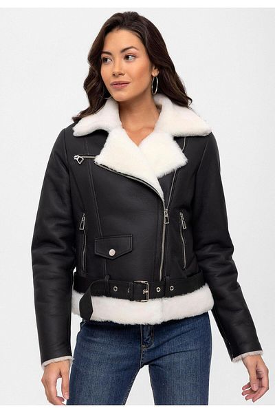 Deriderim Black Alissa White Furry Inside Zippered Waist Belt Slim Fit Biker Biker Women's Genuine Fur Coat